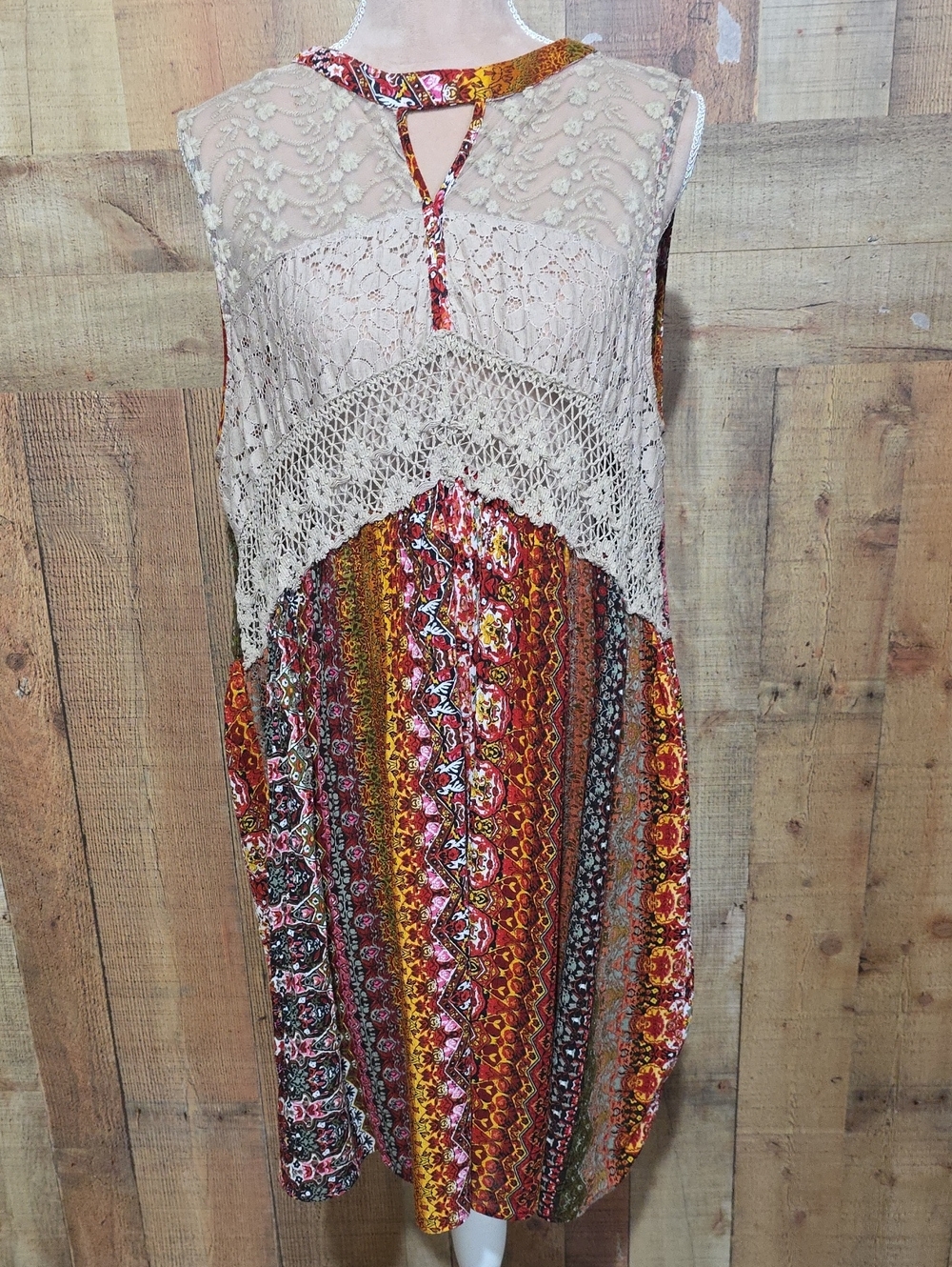 Boho 1X Crochet Lace Yoke Multicolor Tunic Top